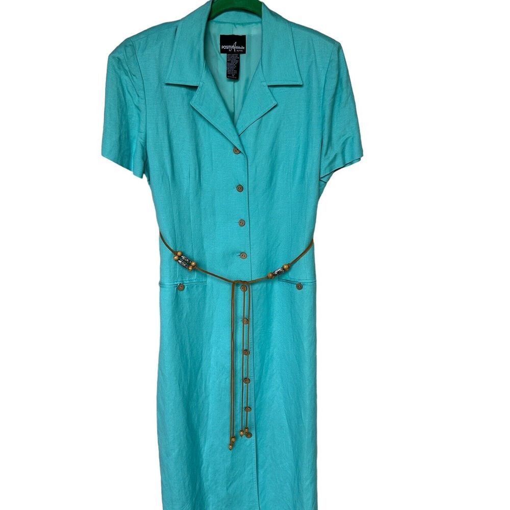 Positive Attitude Maxi Dress‎ Women's 10P Linen Blend Turquoise Modest Boho